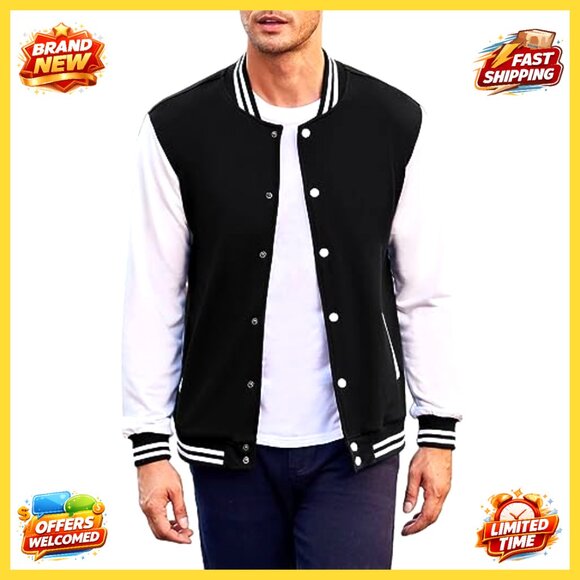 Slim Fit Varsity Jacket Cotton Letterman Baseball Bomber Casual Sporty - Picture 3 of 7